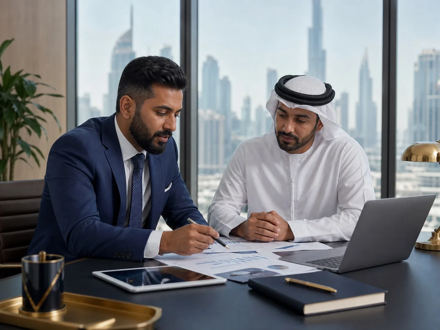 Corporate tax and banking advisor reviewing financial documents in Dubai